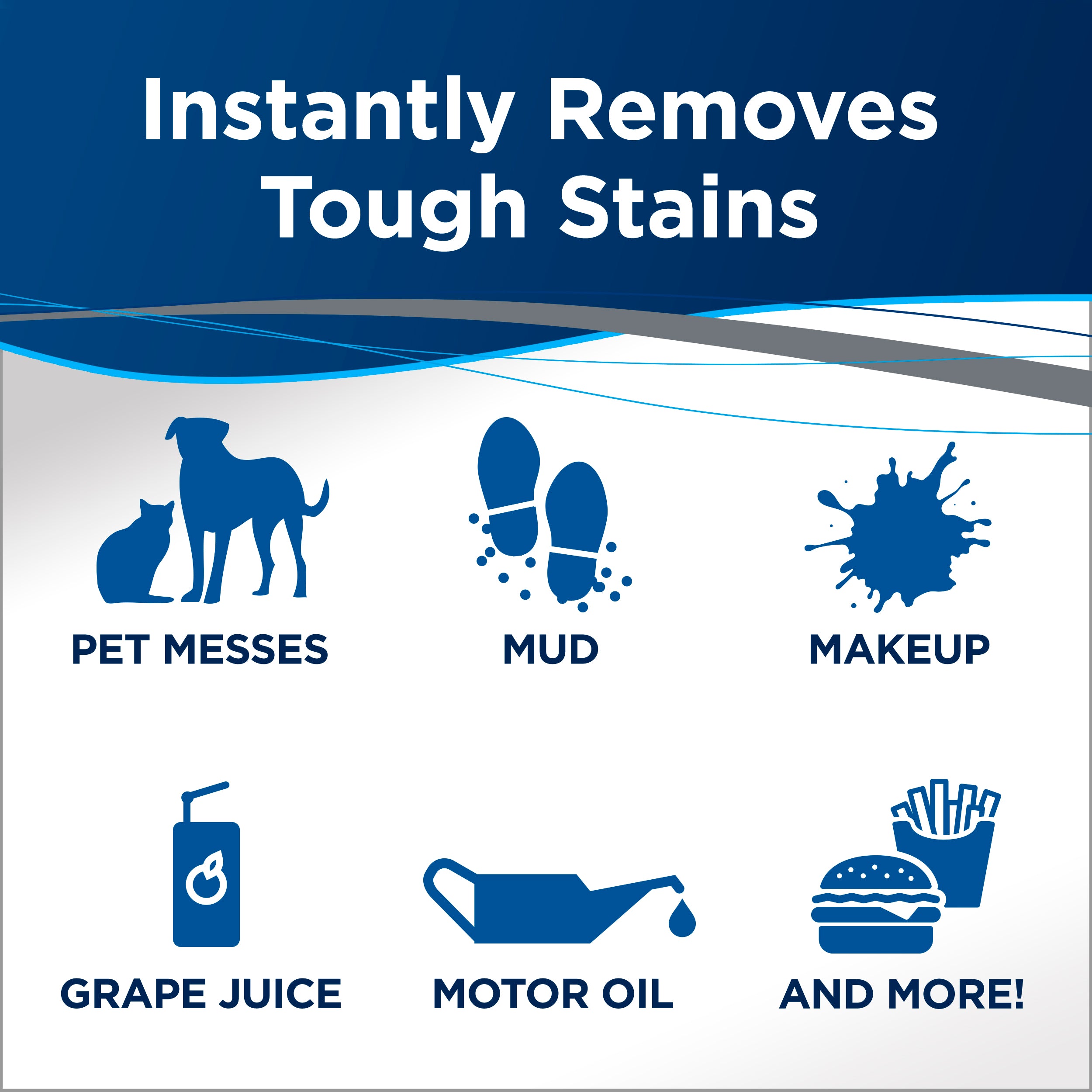 Different Tough Stain Icons. Text: Instantly Removes
                        Tough Stains - Pet Messes, Mud, Makeup, Grape Juice, Motor Oil, And More! 