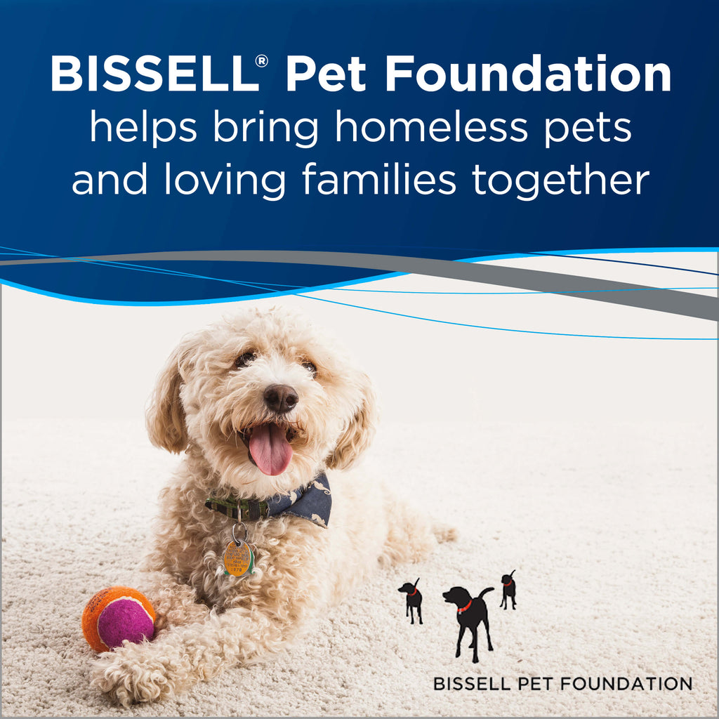 Dog with ball Text: BISSELL PET FOUNDATION Helps Bring
                        Homeless Pets and Loving Families Together