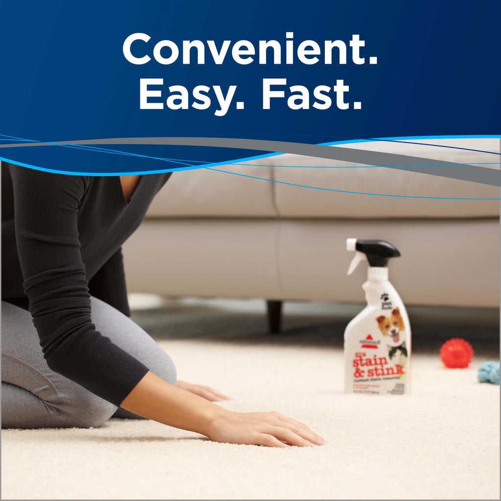 Woman feeling dry carpet with Stain & Stink
                        Instant Stain Remover 1921 in background. Text: Convenient. Easy. Fast.