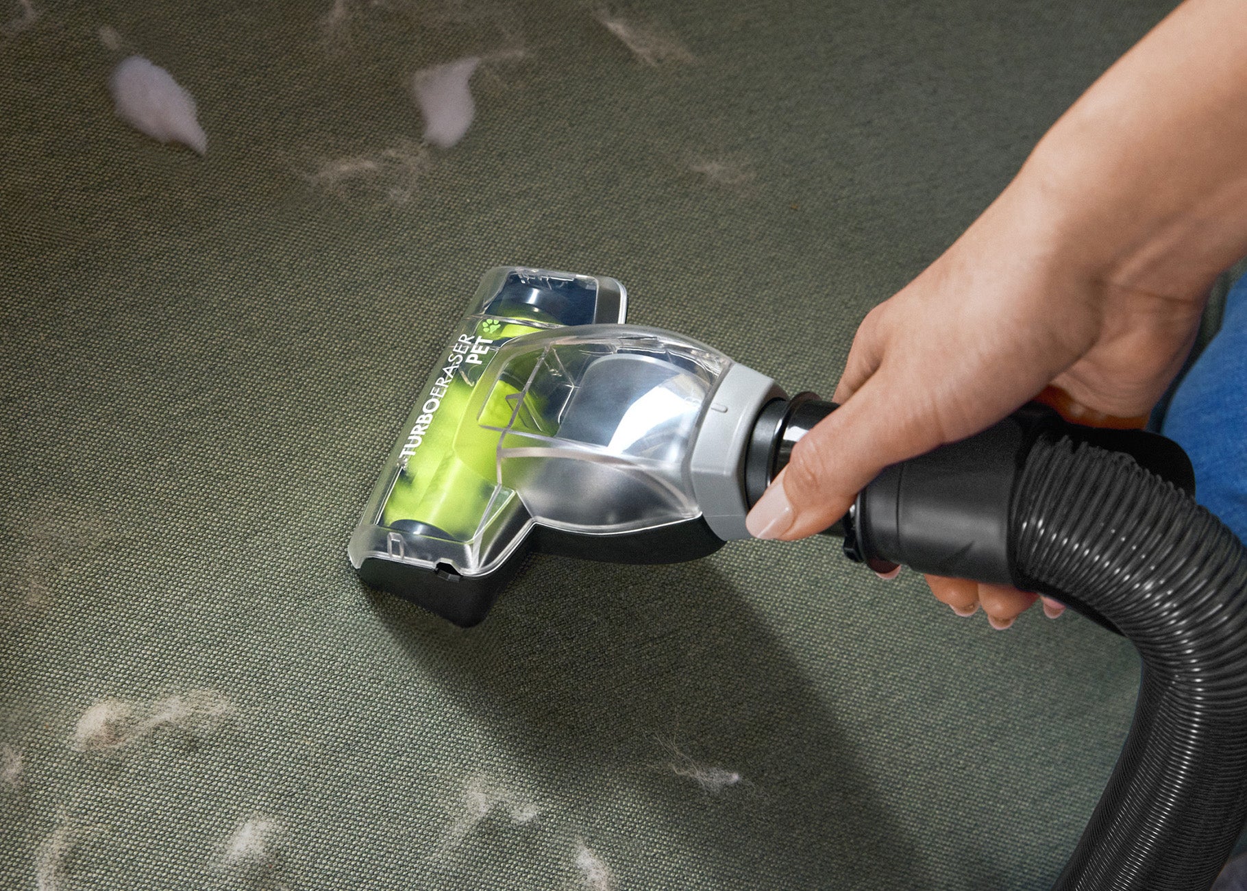 Using TurboBrush tool on hose to vacuum pet hair from upholstery