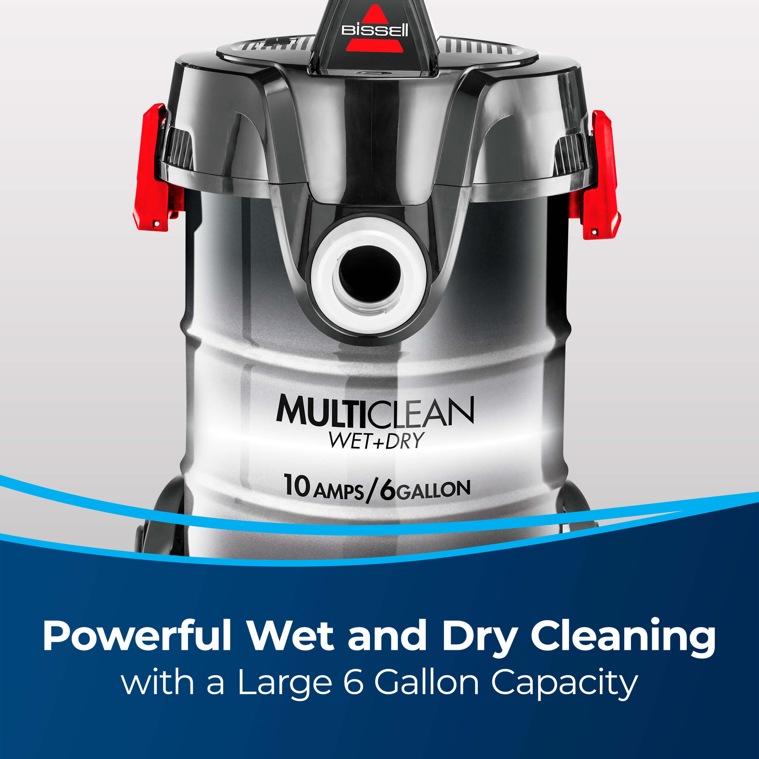 MultiClean Wet and Dry Auto Vacuum Front of Machine.
                        Text: Powerful Wet and Dry Cleaning with a Large 6 Gallon Capacity