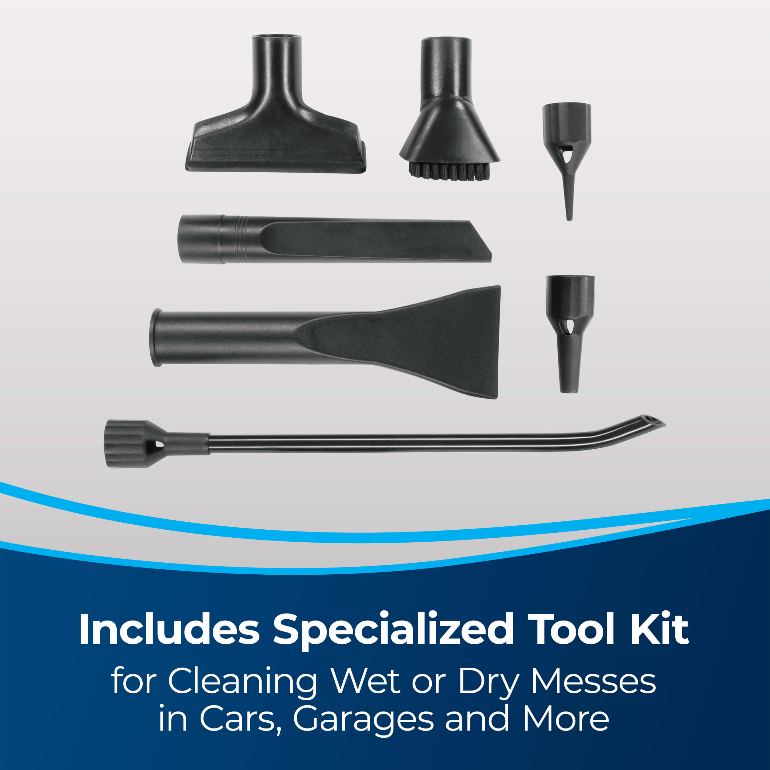 MultiClean Wet and Dry Auto Vacuum with Specialized
                        Tools. Text: Includes Specialized Tool Kit for Cleaning Wet or Dry Messes in
                        Cars, Garages and More