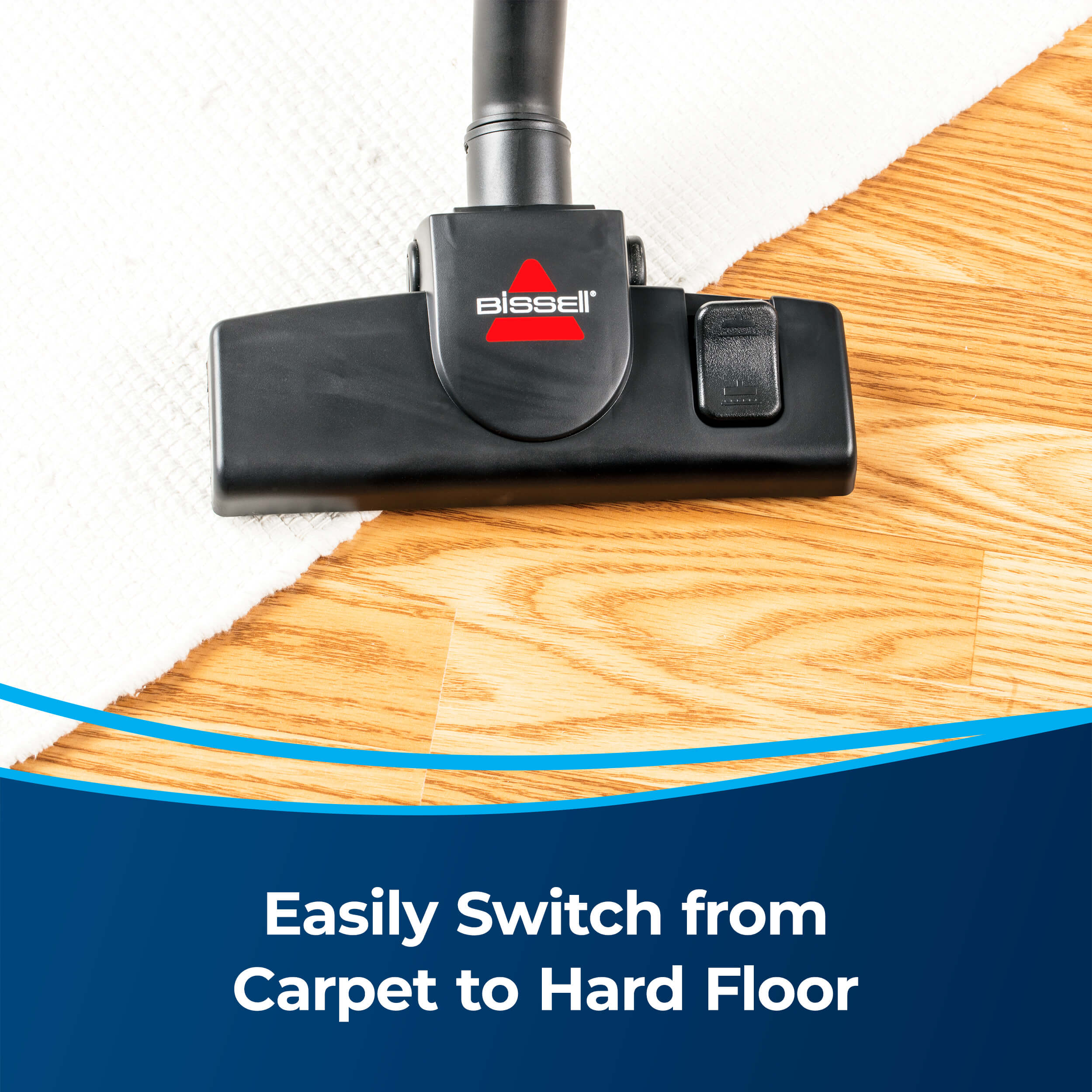 MultiClean Wet and Dry Auto Vacuum switching from
                        carpet to hard flooring. Text: Easily Switch from Carpet to Hard Floor.