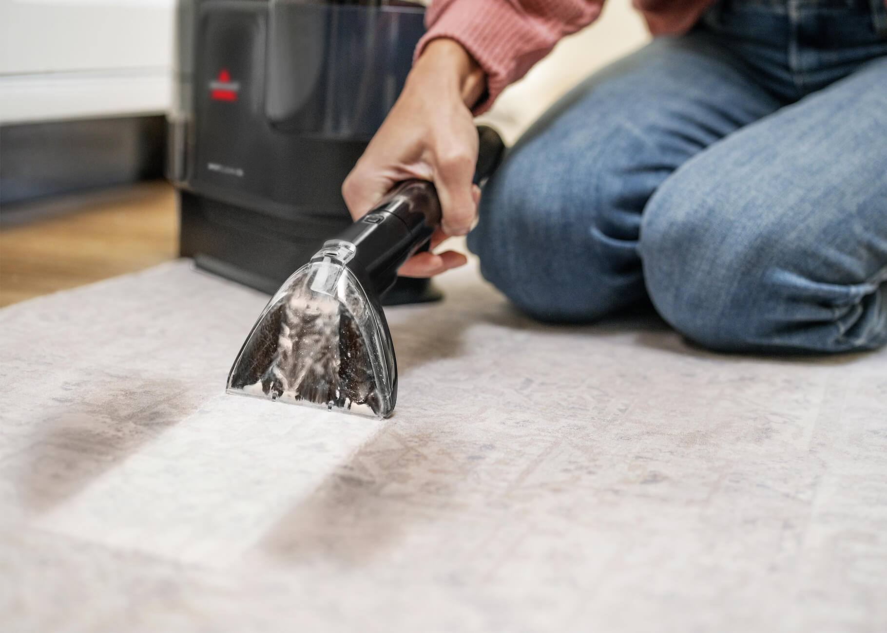 Using Hose of Little Green Max Pet to clean stain on area rug