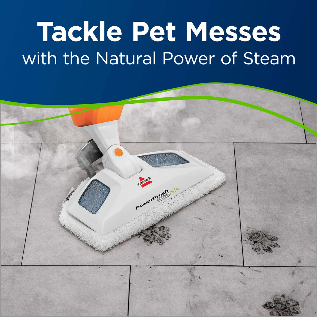 Powerfresh Pet Lift-Off Steam Mop Steaming Paw Prints
                        off Tile. Text: Tackle Pet Messes with the Natural Power of Steam