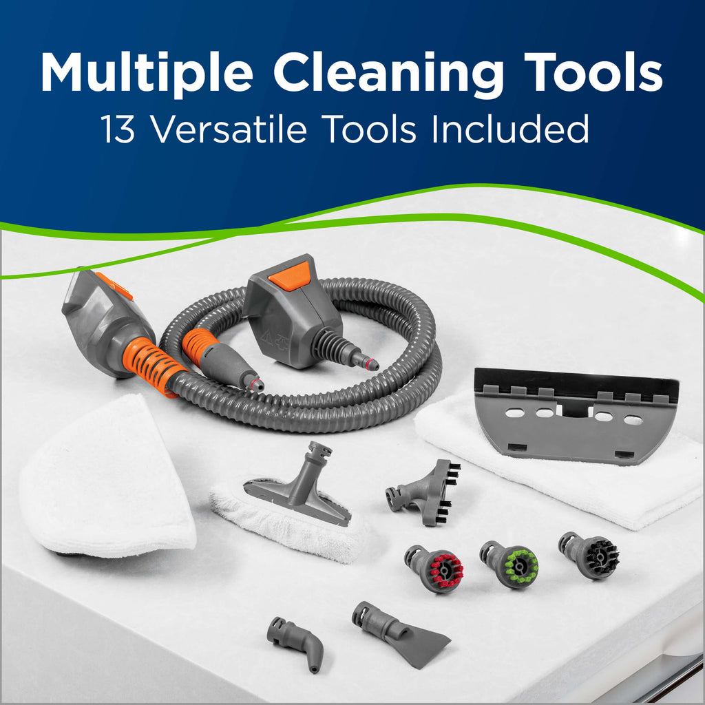 Powerfresh Pet Lift-Off Steam Mop Showing All Cleaning
                        Tools. Text: Multiple Cleaning Tools 13 Versatile Tools Included