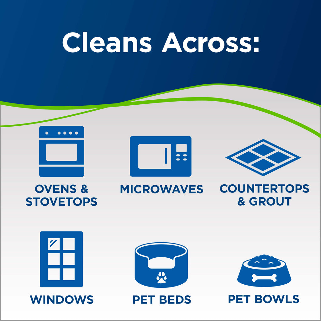 Powerfresh Pet Lift-Off Steam Mop Showing Multiple
                        Surfaces. Text: Cleans Across Ovens & Stovetops, Microwaves, Countertops
                        & Grout, Windows, Pet Beds, Pet Bowls.