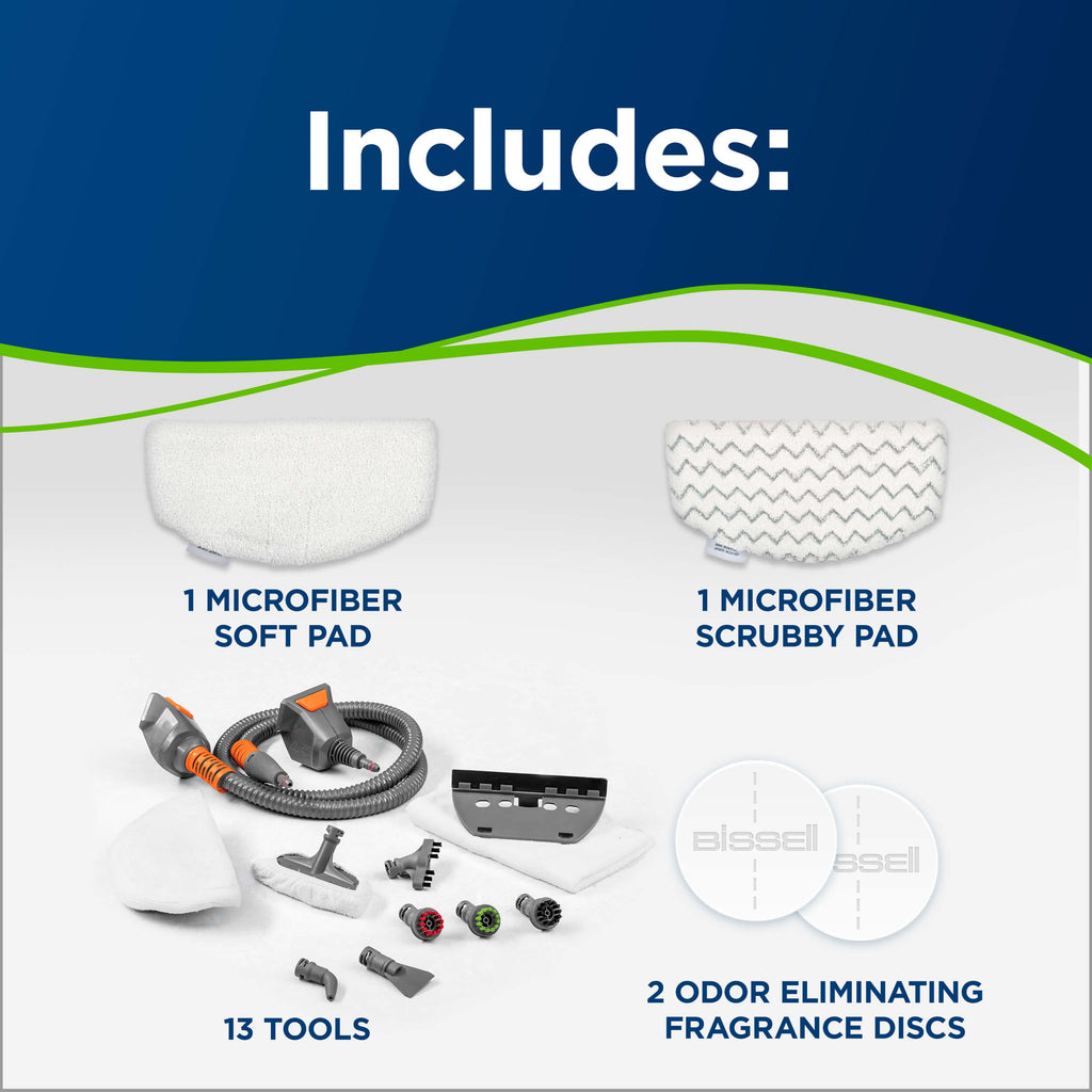 Powerfresh Pet Lift-Off Steam Mop Showing What's
                        Included. Text: Includes: 1 Microfiber Soft Pad, 1 Microfiber Scrubby Pad,
                        13 Tools, 2 Odor Eliminating Fragrance Discs.