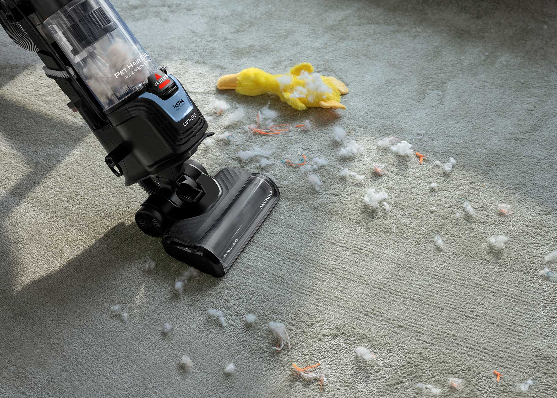 Vacuuming toy stuffing from carpet