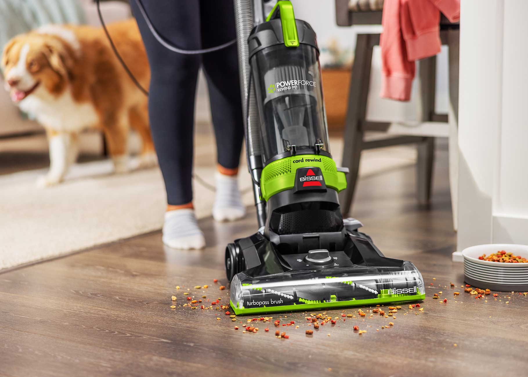 Vacuuming dog food from hard flooring