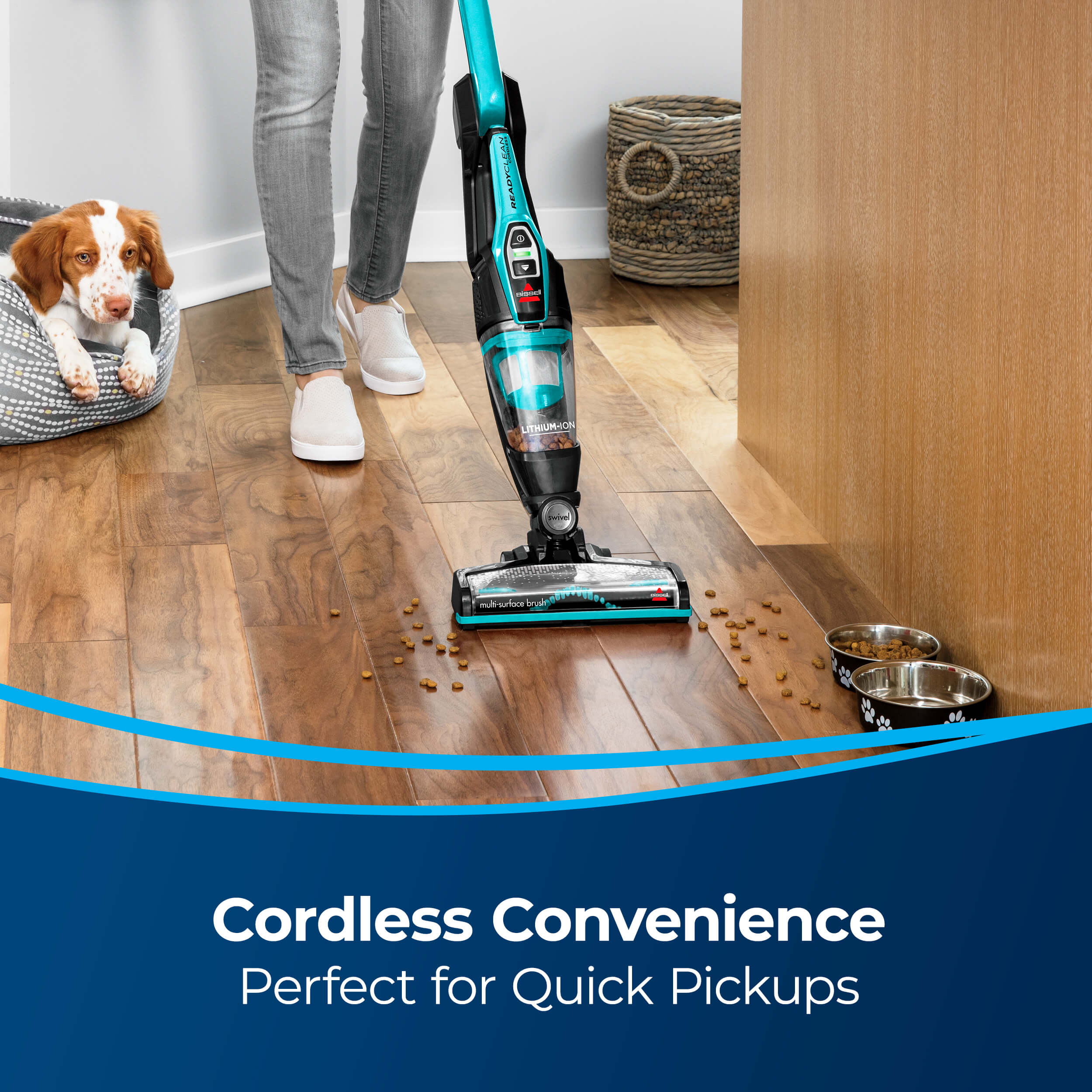ReadyClean Cordless Stick Vac Vacuuming Dog Food from
                        Hard Flooring. Text: Cordless Convenience. Perfect for Quick Pickups