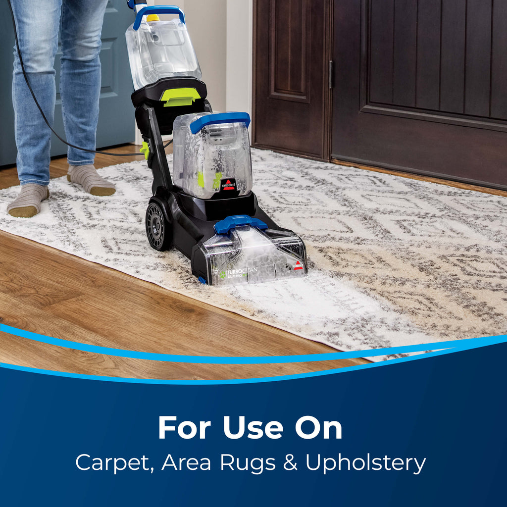 Using BISSELL Carpet Cleaner to Clean Area Rug. Text:
                        For Use On Carpet, Area Rugs, & Upholstery