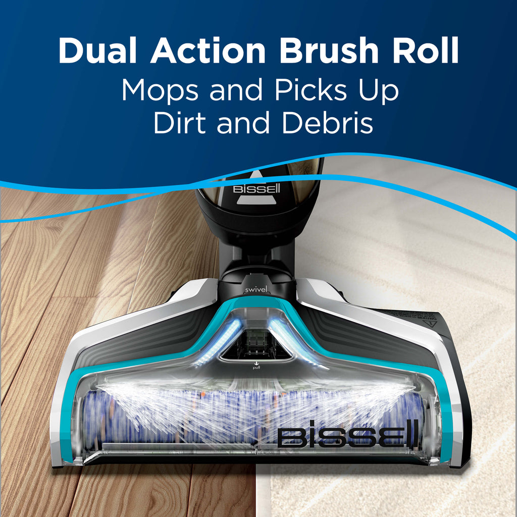 CrossWave Brush Roll Cleaning Hard Floor & Area
                        Rug. Text: Dual Action Brush Roll Mops and Picks Up Dirt and Debris