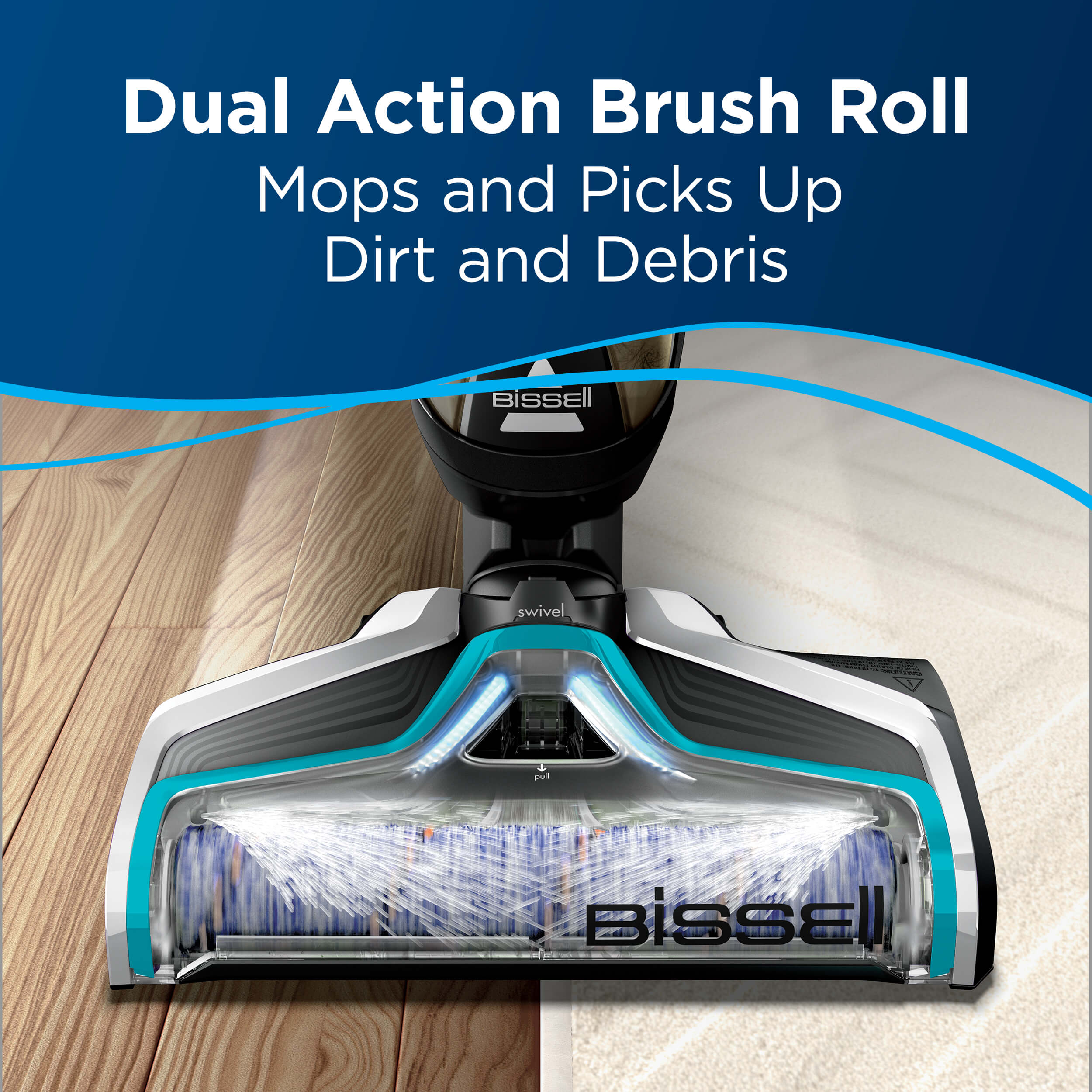 CrossWave Brush Roll Cleaning Hard Floor & Area
                        Rug. Text: Dual Action Brush Roll Mops and Picks Up Dirt and Debris