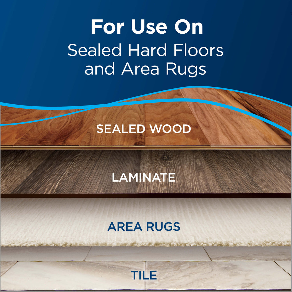 Close-up of Four Floors: Sealed Wood, Laminate, Area
                        Rugs & Tile. Text: For Use On Sealed Hard Floors and Area Rugs