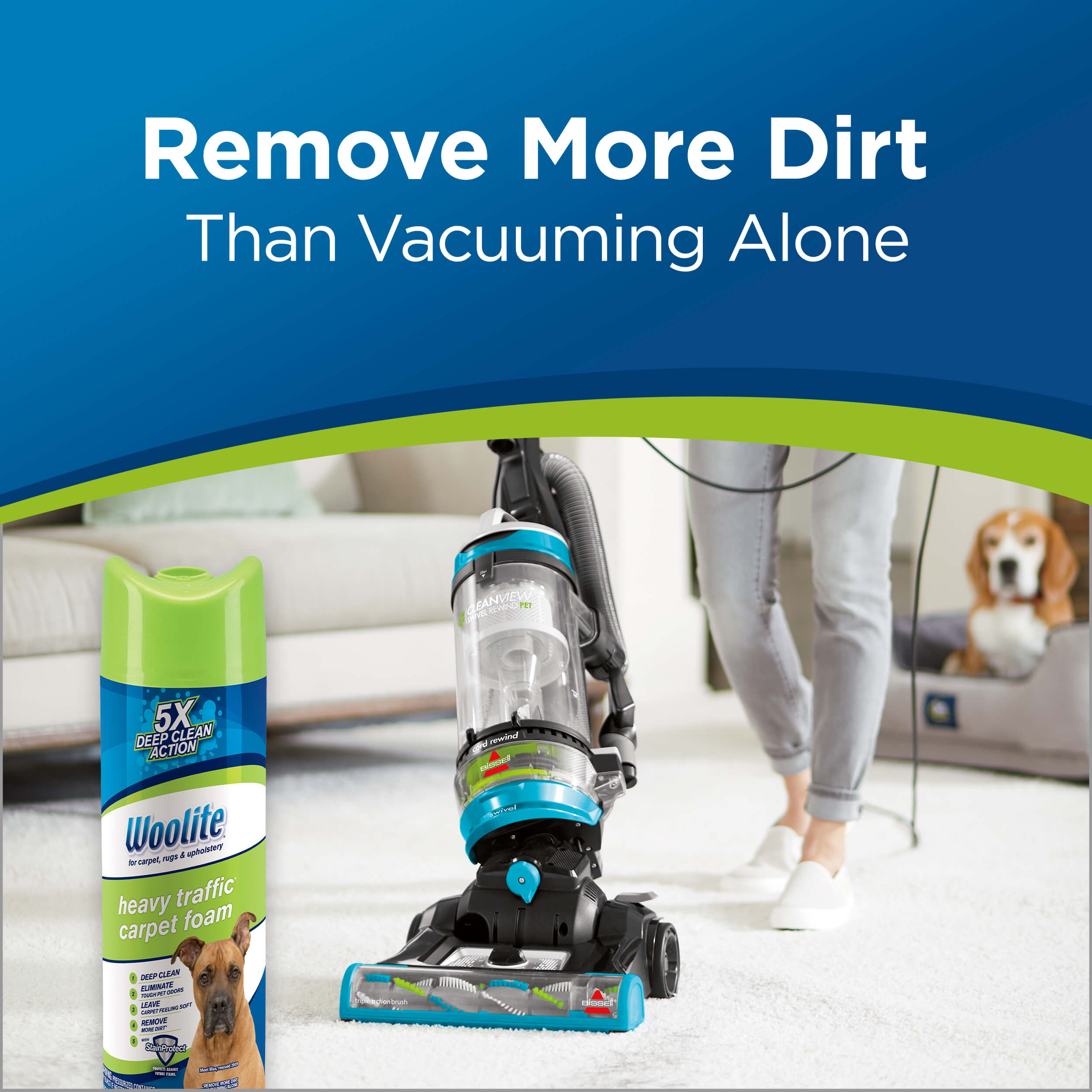 Woolite Heavy Traffic Foam Carpet Cleaner Vacuum
                        Cleaner vacuuming carpet with can of Foam in image. Text: Remove More Dirt
                        Than Vacuuming Alone