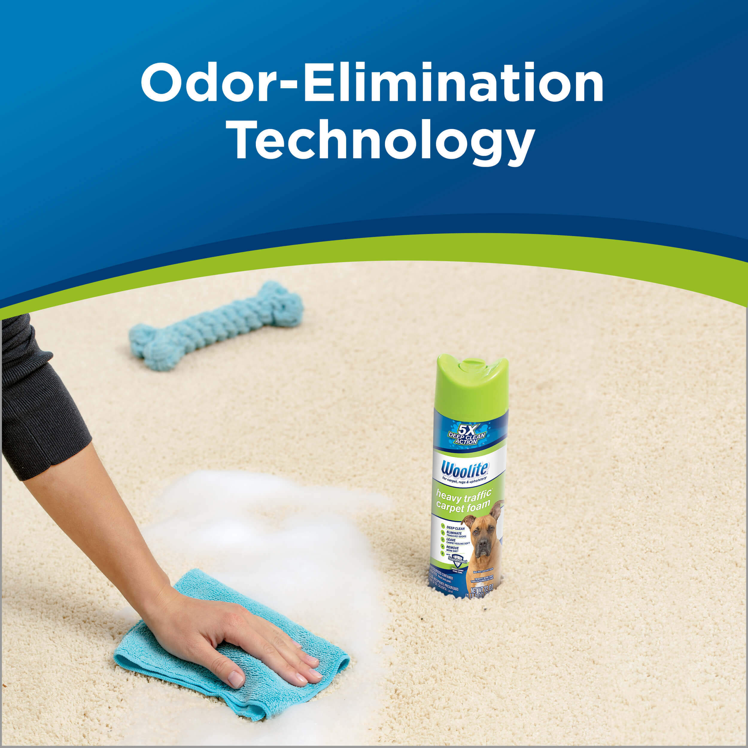 Woolite Heavy Traffic Foam Carpet Cleaner Blotting
                        Mess with Cloth on Carpet. Text: Odor-Elimination Technology