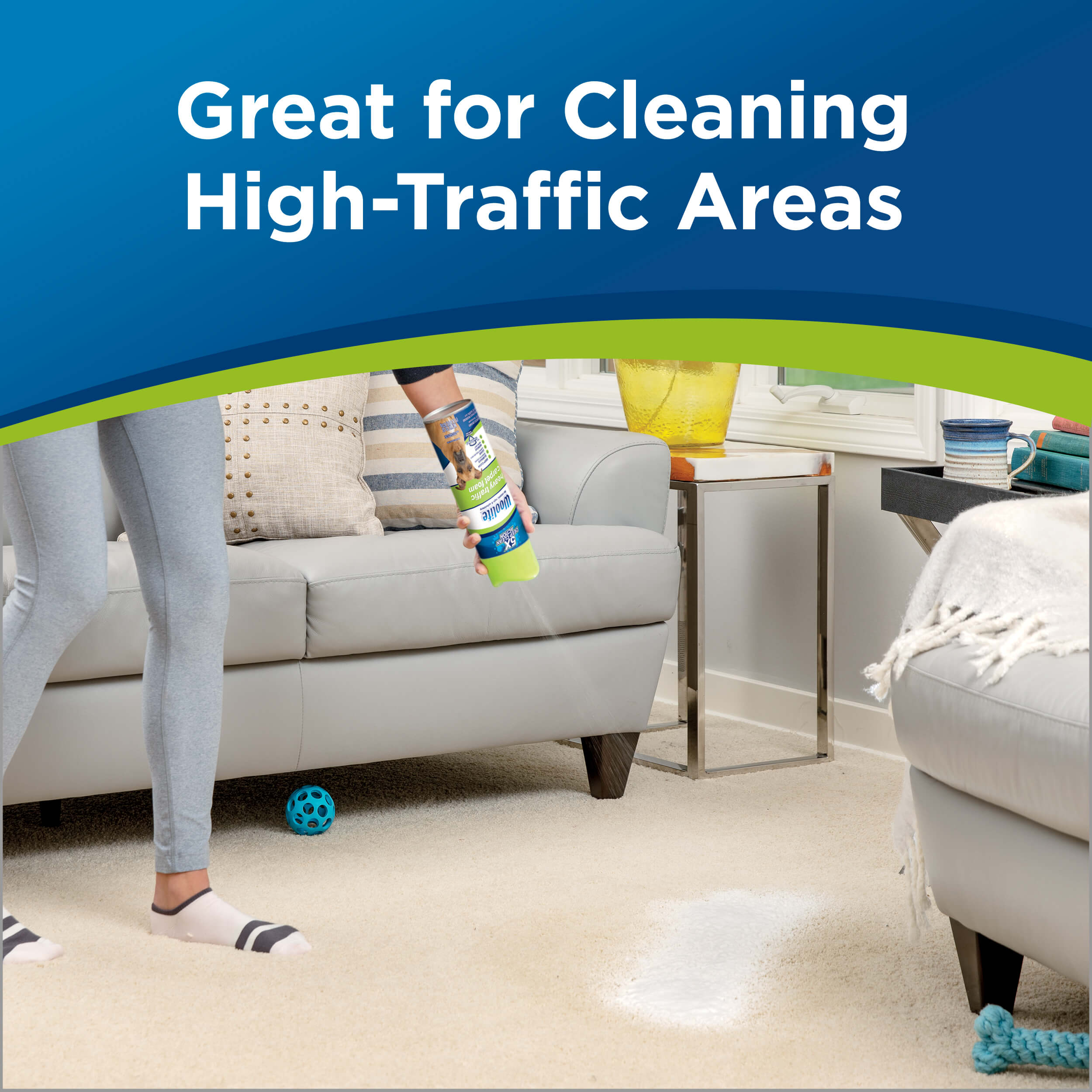 Woolite Heavy Traffic Foam Carpet Cleaner Spraying
                        Cleaner on Carpet. Text: Great for Cleaning High-Traffic Areas