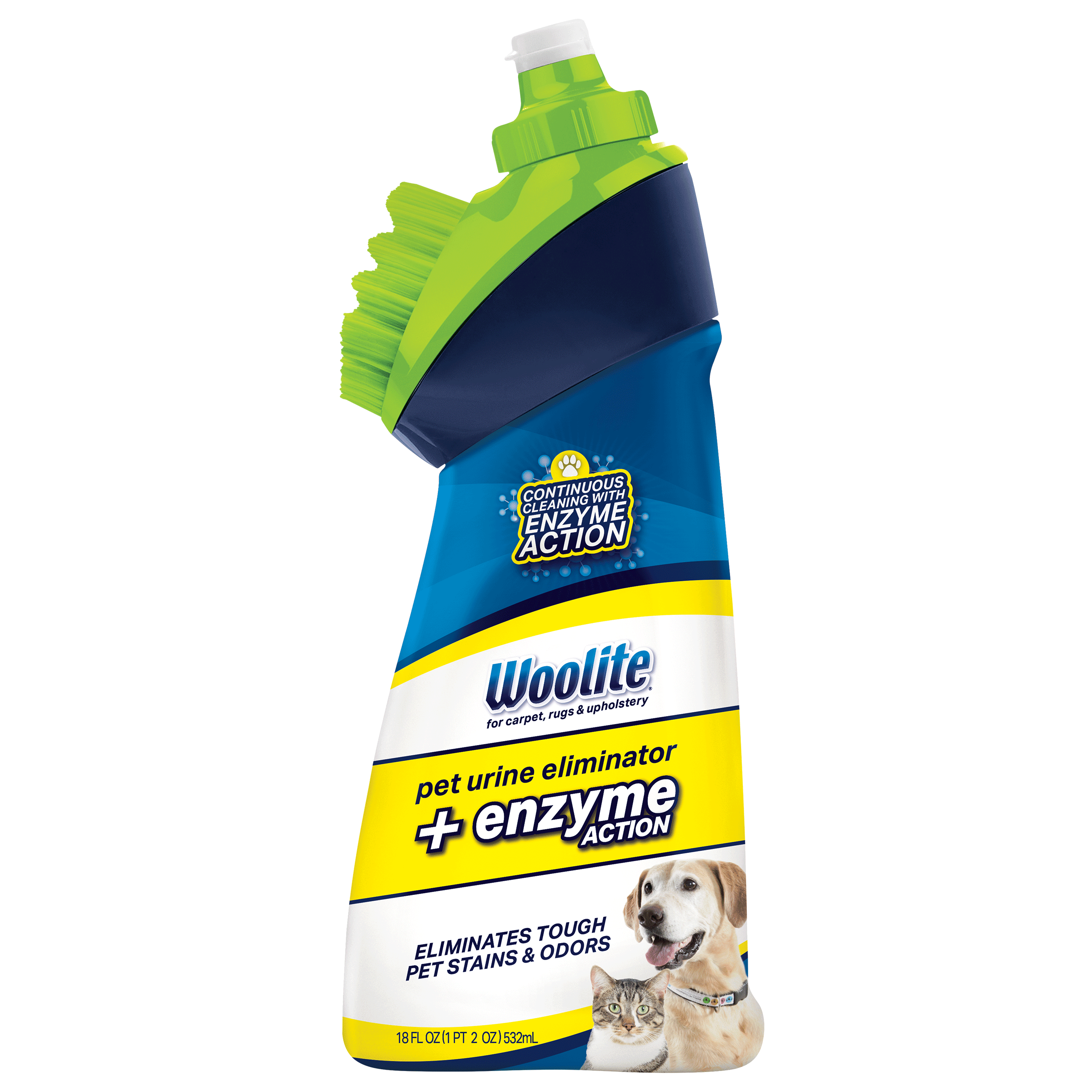 Woolte Pet Urine Eliminator formula with brush head
                        front of bottle