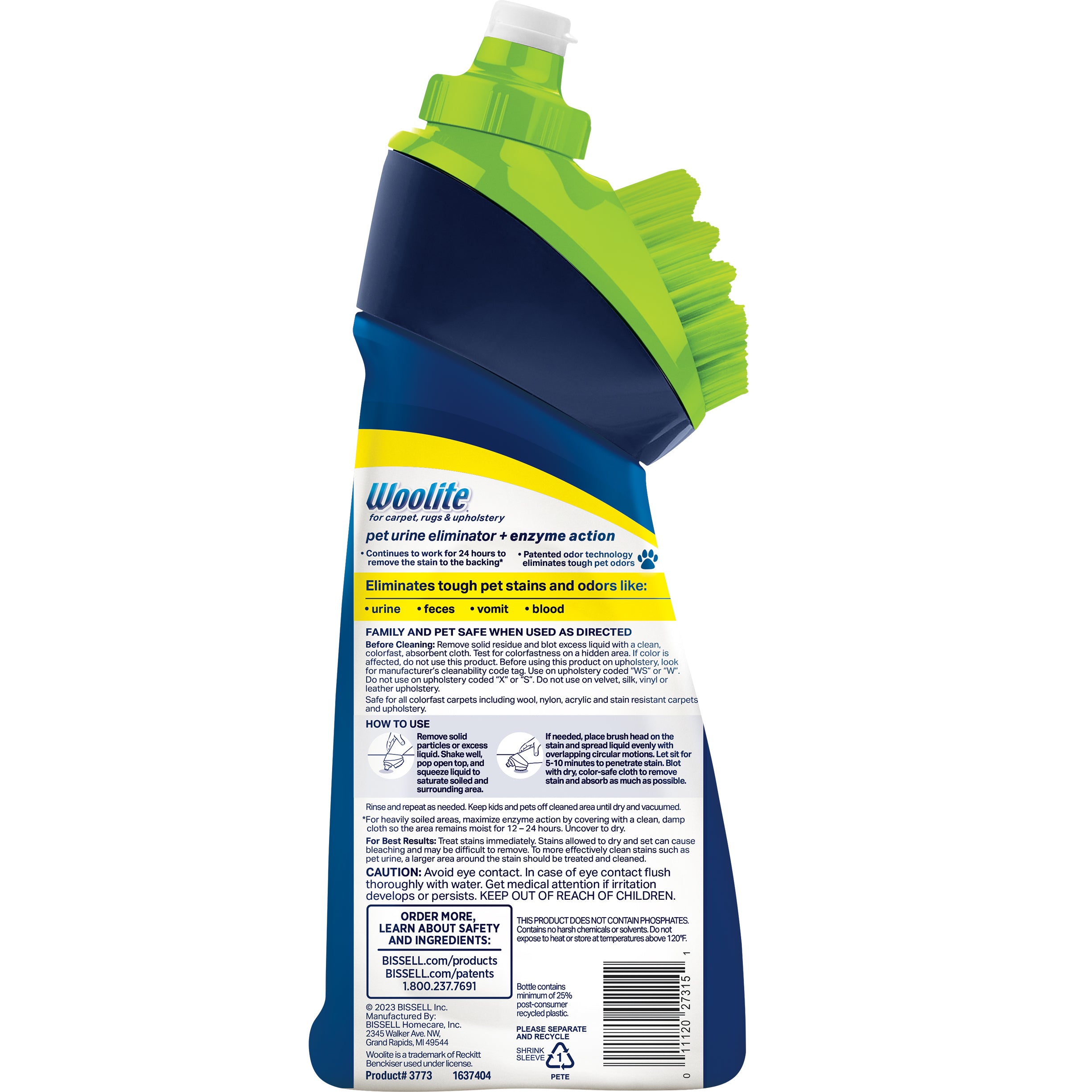 Woolte Pet Urine Eliminator formula with brush head
                        back of bottle