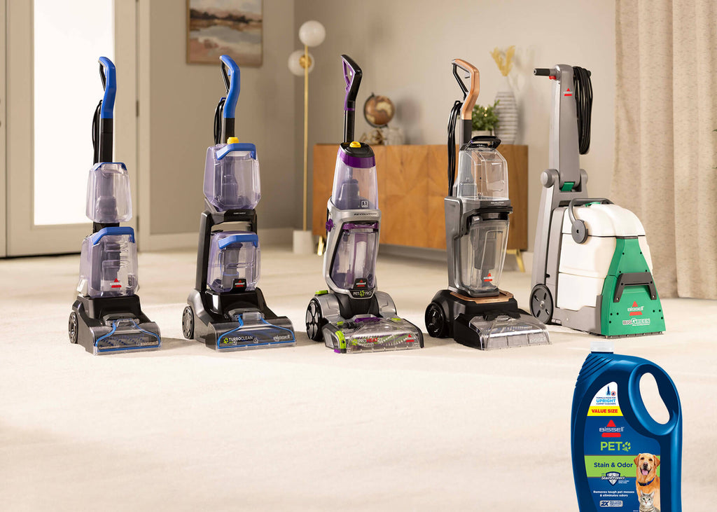 BISSELL Family of Upright Carpet Cleaners with formula bottle